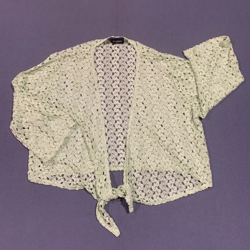 Maxima USA Chartreuse Green Crochet Tie Front Shrug Cardigan Open Knit‎ XL